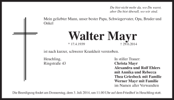 Traueranzeige von Walter Mayr von Pegnitz-Zeitung